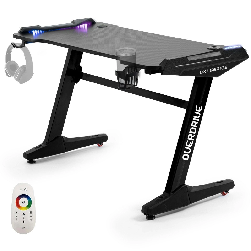 Overdrive Gaming Desk, 120x60cm, Carbon Fiber Styling, LED Lights, Headset Hanger, Cup Holder, Cable Management, Black