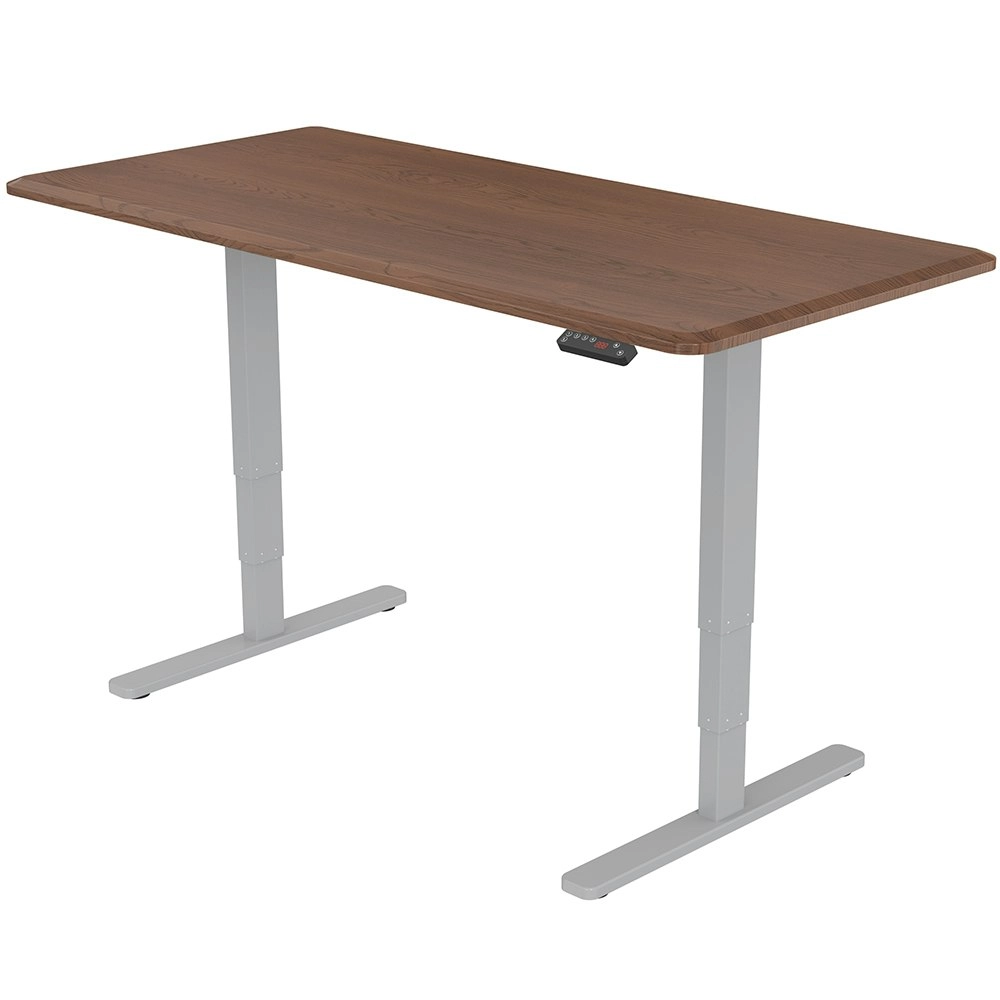 Fortia Sit To Stand Up Standing Desk, 160x75cm, 62-128cm Electric Height Adjustable, Dual Motor, 120kg Load, Walnut Style/Silver Frame