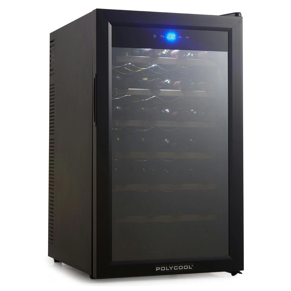 PolyCool 28 Bottle Wine Bar Fridge, Countertop, Mirrored Glass Door, Sliding Shelves, Black