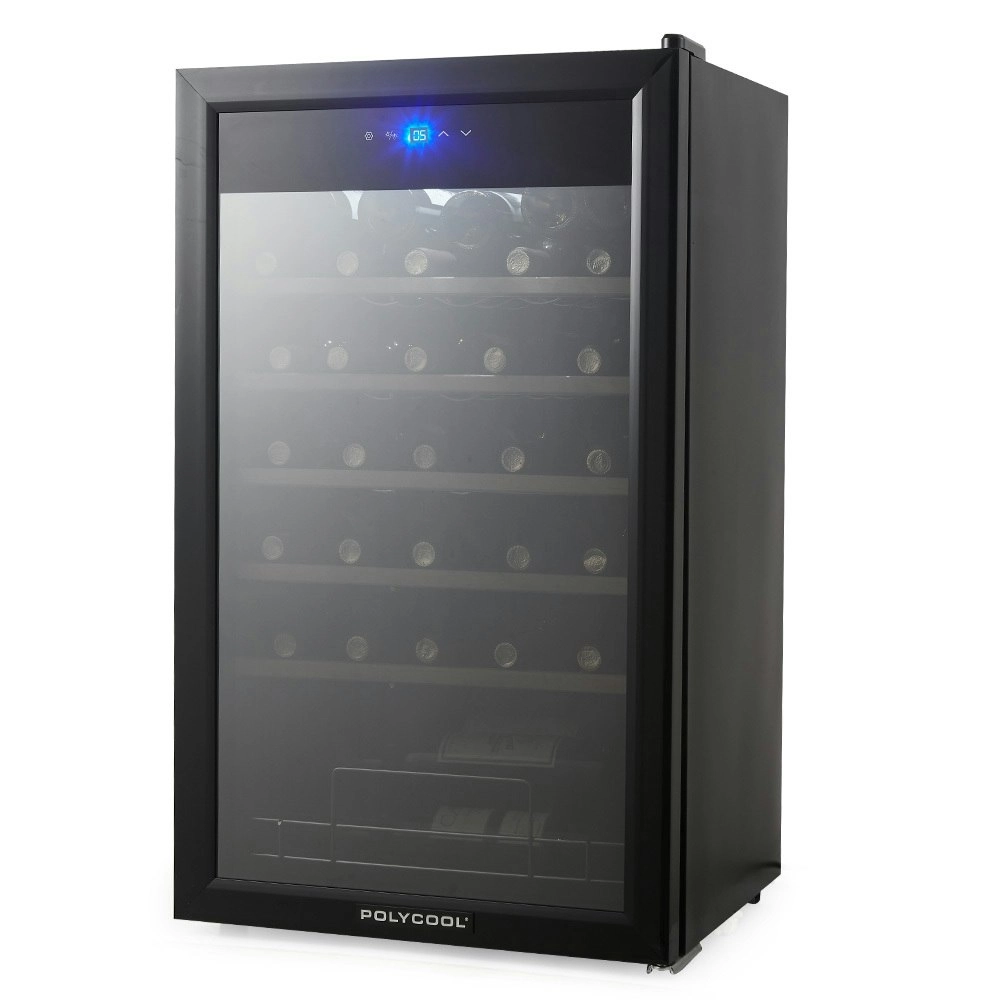 PolyCool 34 Bottle Wine Bar Fridge Glass Door Front Cooler Beer Chiller, Black