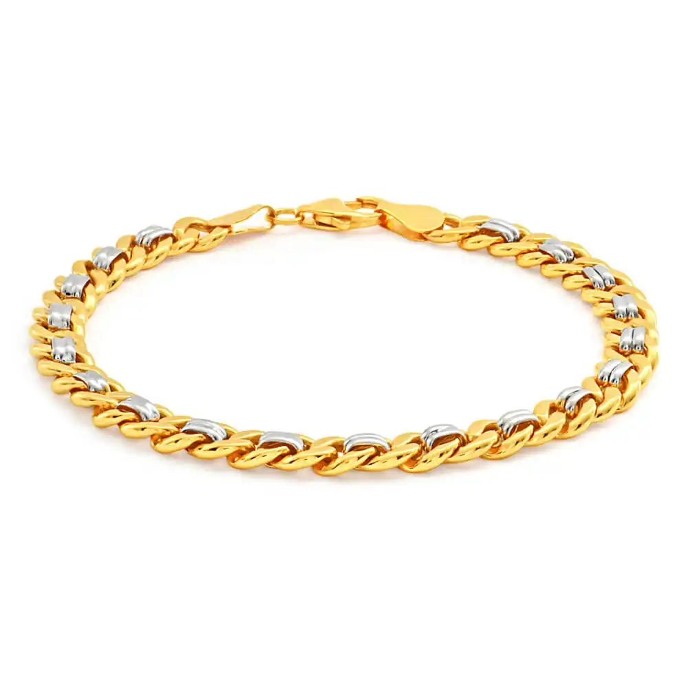 9ct Yellow and White Gold Silver Filled Curb 19cm Bracelet