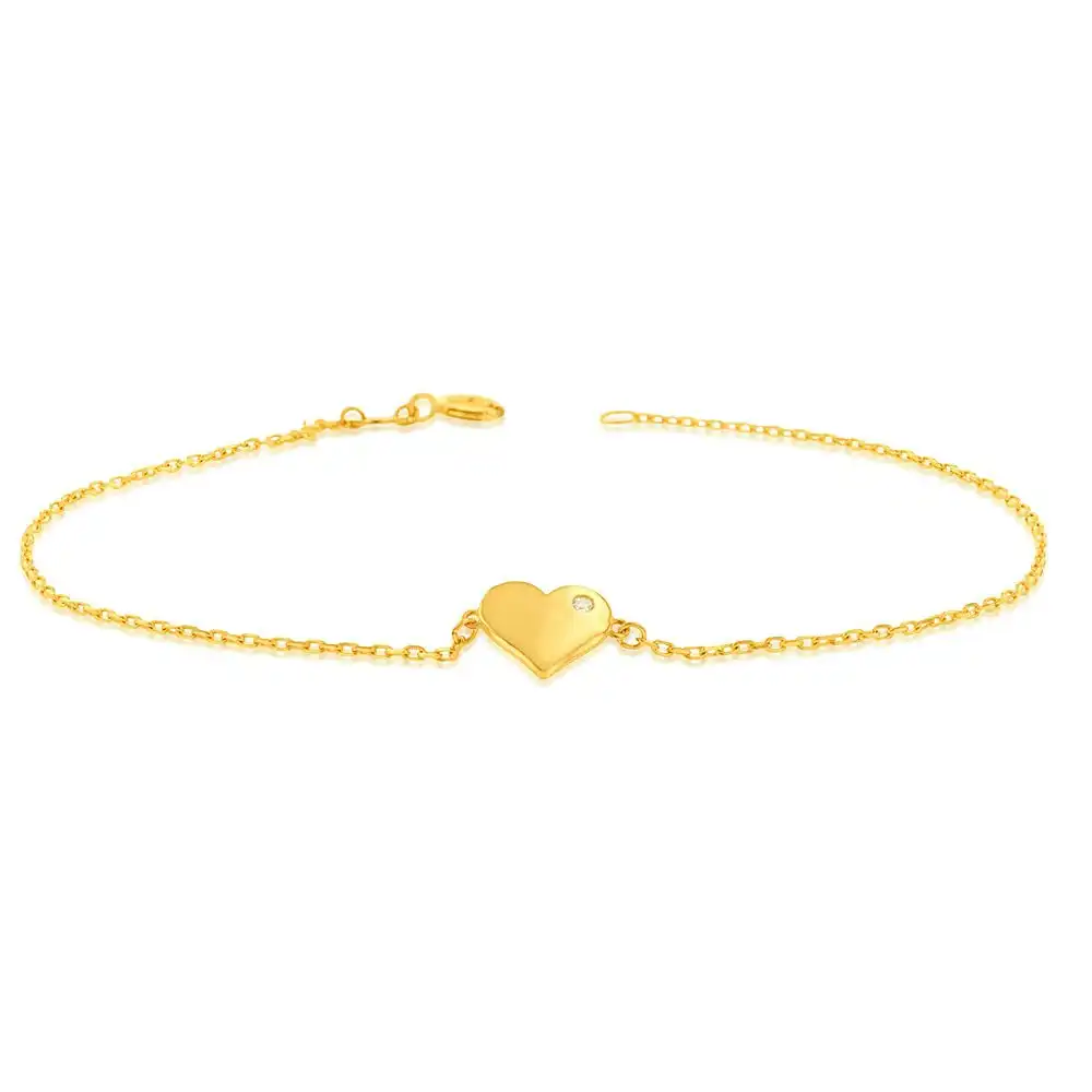 9ct Yellow Gold Cubic Zirconia On Heart 19.1cm Bracelet