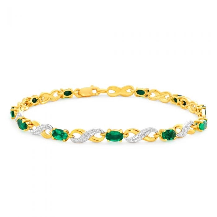 9ct Yellow Gold Created Emerald and Diamond 18cm Infinity Bracelet