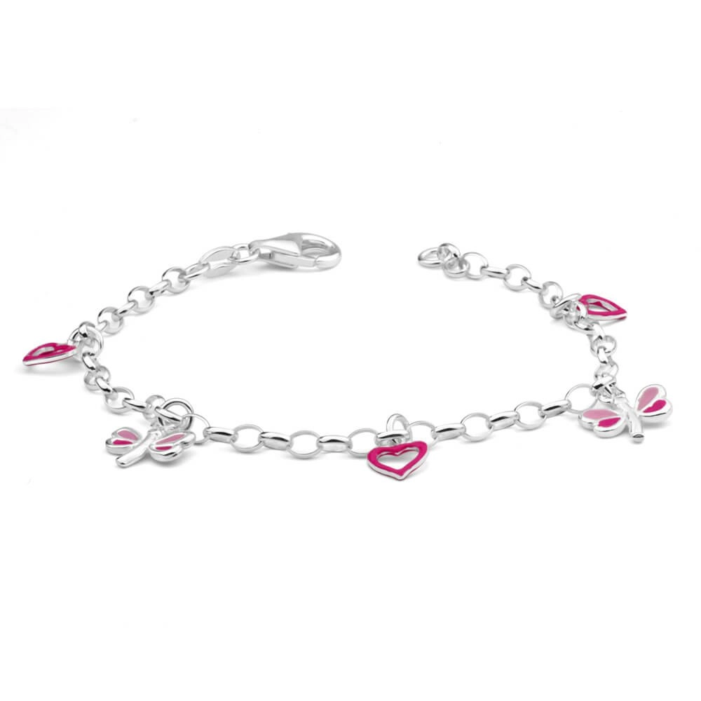 Sterling Silver Heart and Dragonfly Pink Enamel 16cm Bracelet