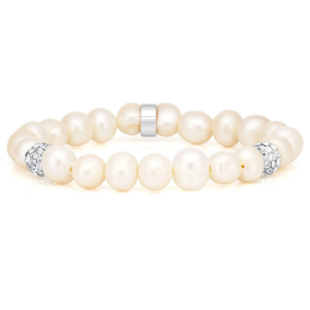 White 8-8.5mm Freshwater Pearl, Crystal and Charm Bracelet