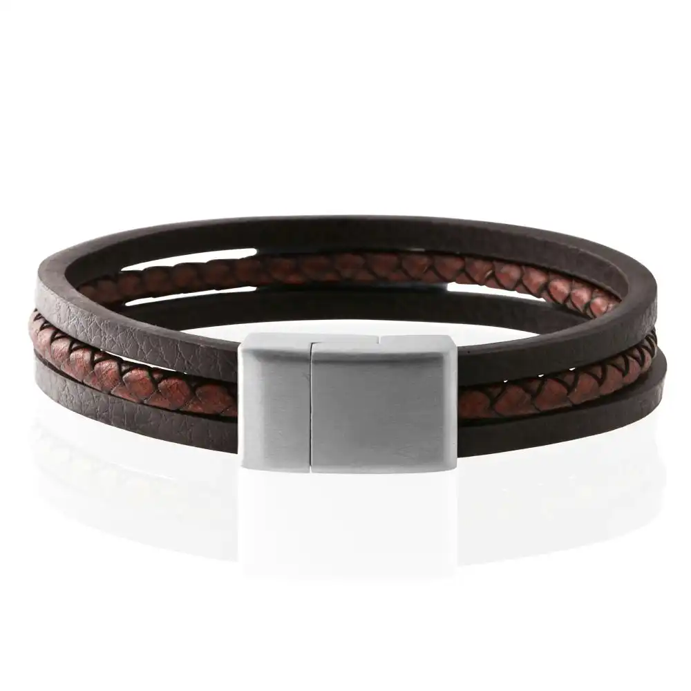 Stainless Steel 3 Band Woven Plait and Plain Strap Leather Bracelet