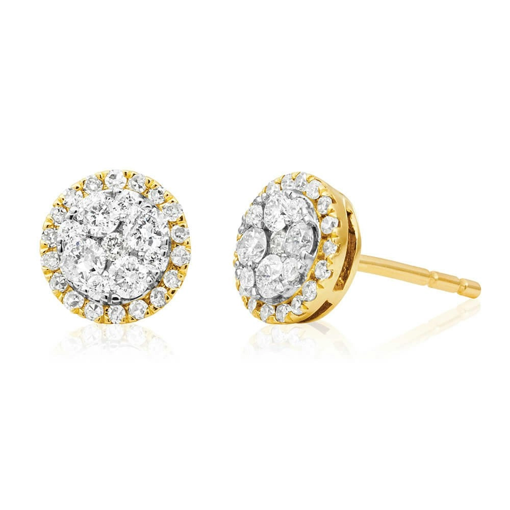 9ct Yellow Gold Cluster 1/2 Carat Diamond Stud Earrings