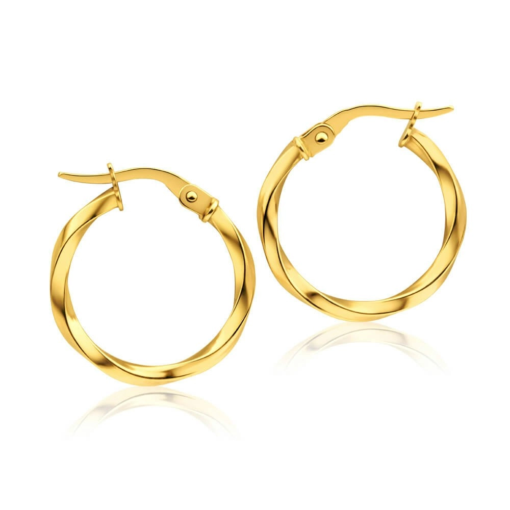 9ct Yellow Gold 15mm Italian Made Twist Hoop Earrings