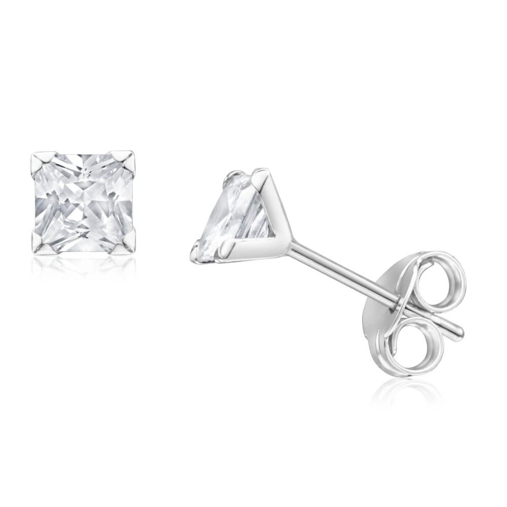 9ct White Gold Princess Cut 4mm Cubic Zirconia Stud Earrings