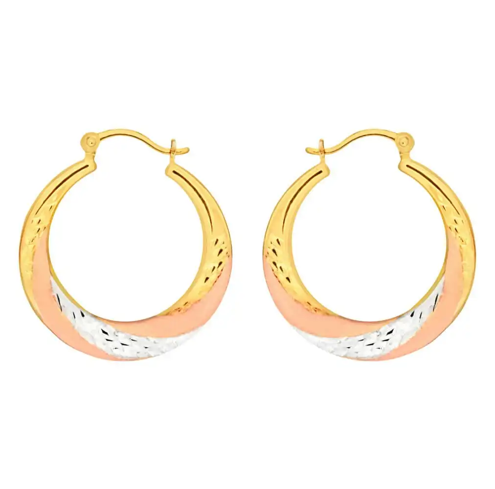 9ct Yellow Gold, White Gold & Rose Gold Swirl Creole Hoop Earrings