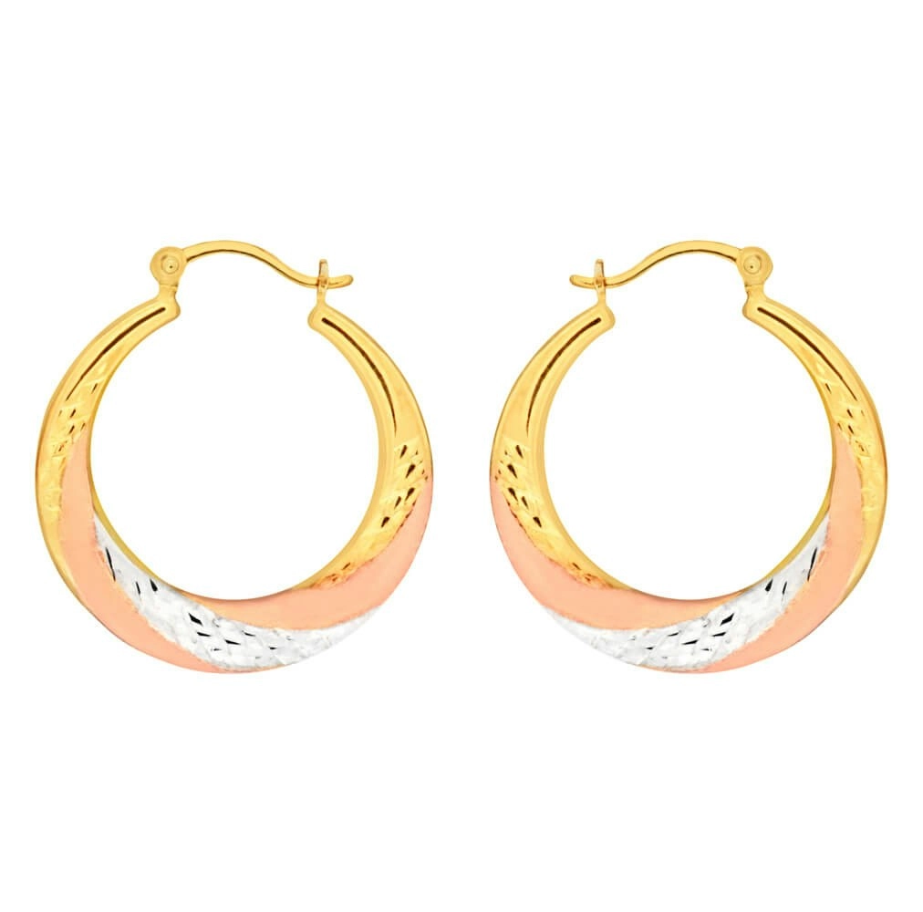 9ct Yellow Gold, White Gold & Rose Gold Swirl Creole Hoop Earrings