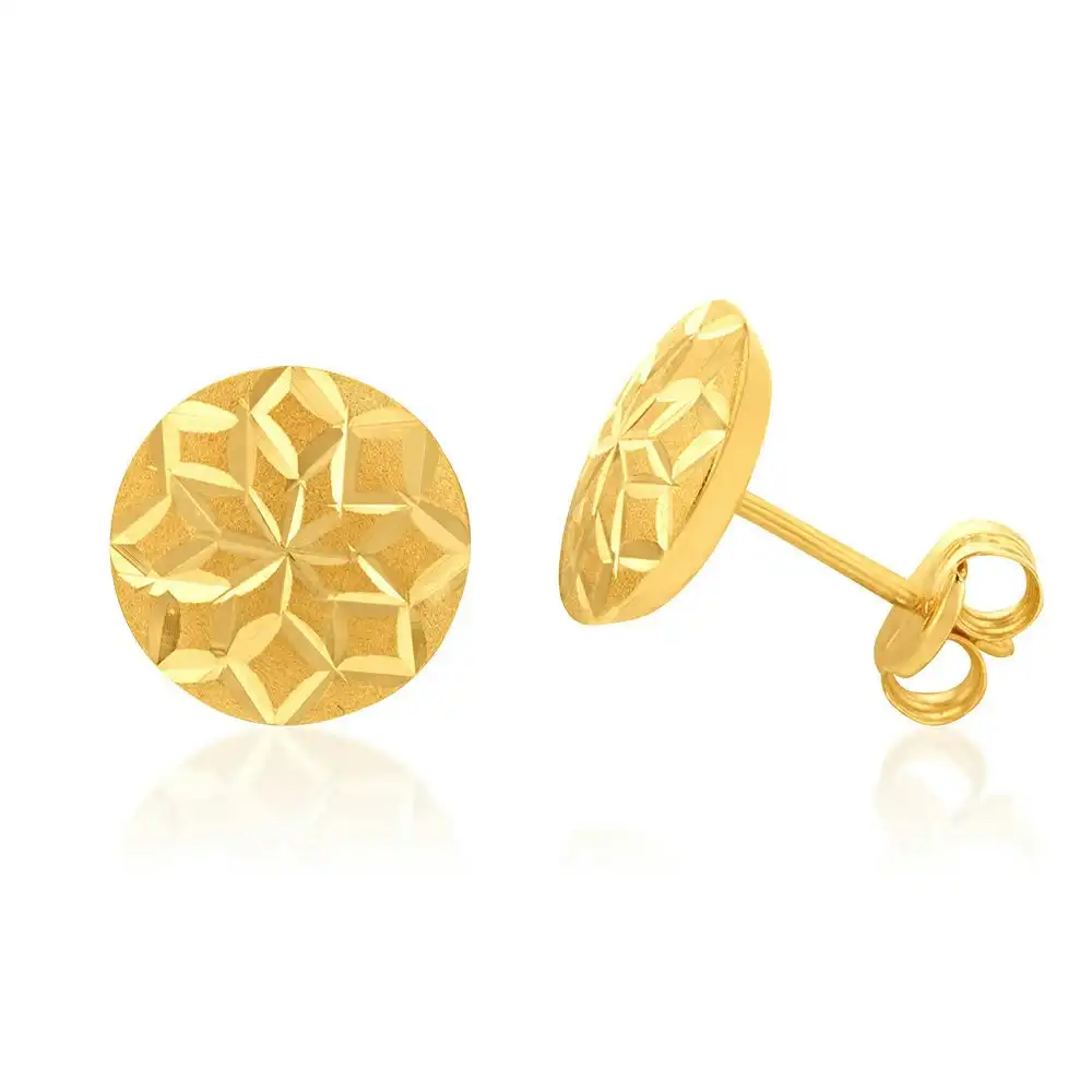 9ct Yellow Gold Round 8mm Diamond Cut Stud Earrings