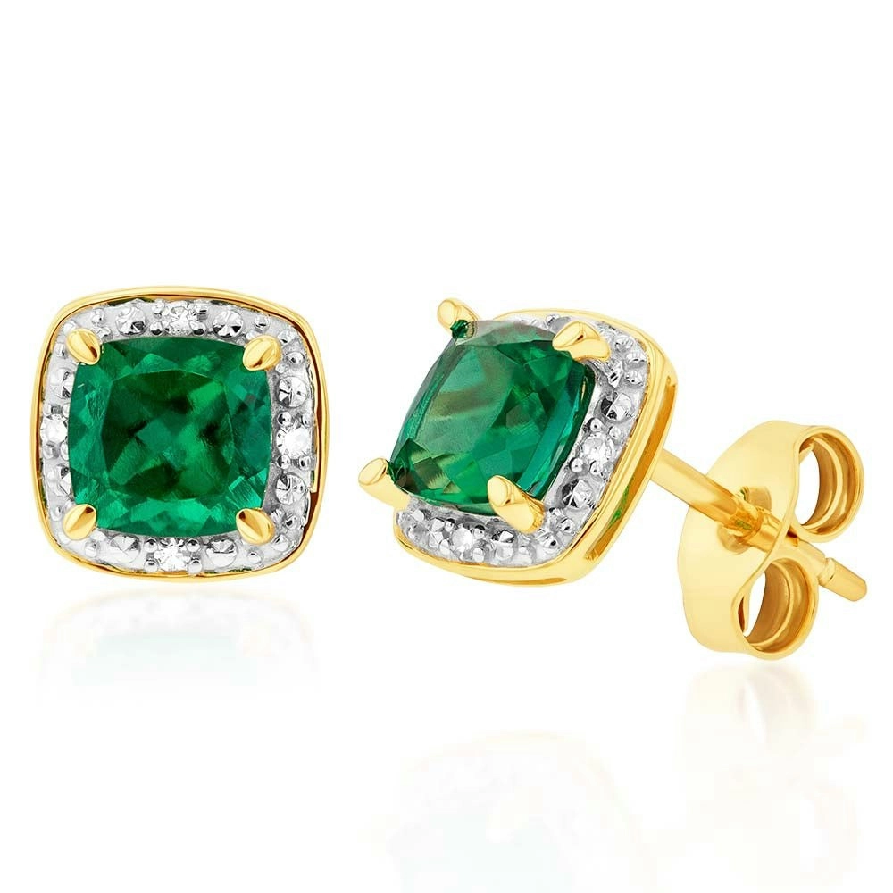 9ct Yellow Gold 5mm Created Emerald and Diamond Cushion Cut Studs