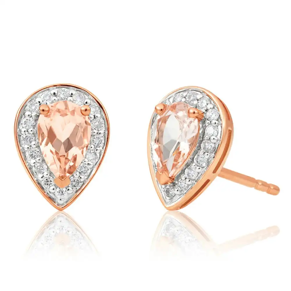 9ct Rose Gold 6x4mm Pear Morganite and 0.15ct Diamond Stud Earrings