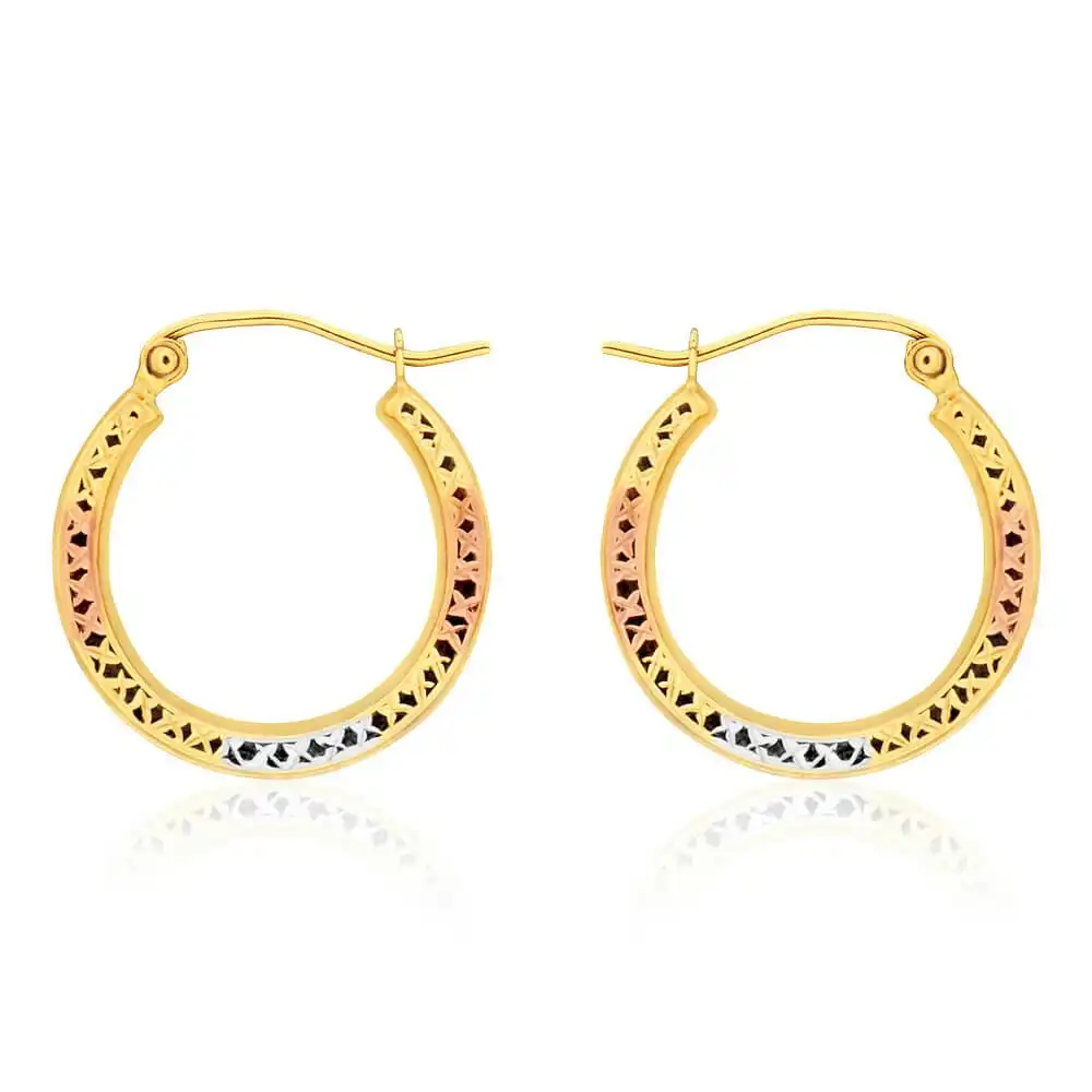 9ct Yellow Gold, White Gold & Rose Gold Cut Out Hoop Earrings