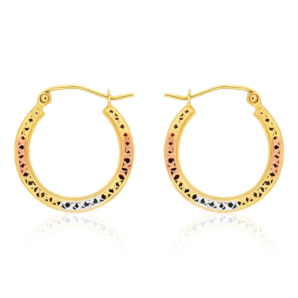 9ct Yellow Gold, White Gold & Rose Gold Cut Out Hoop Earrings