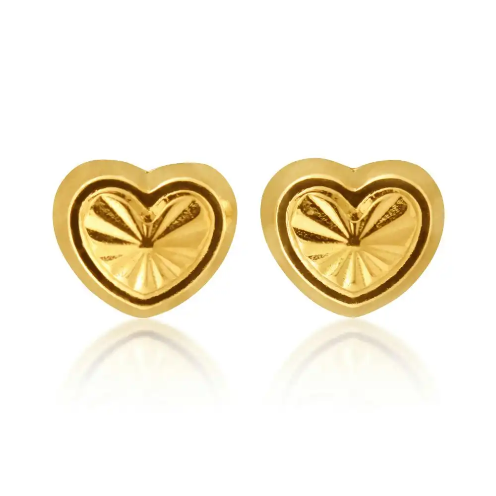 9ct Yellow Gold Dicut Heart Stud Earrings