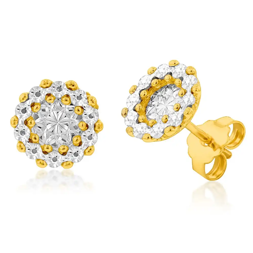 9ct Yellow And White Gold Diamond Cut Round Stud Earrings