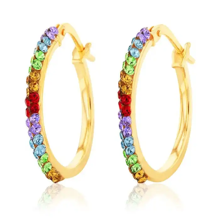 9ct Silverfilled Yellow Gold Rainbow Multi Colour Crystal 15mm Hoop Earrings