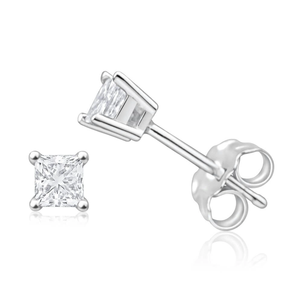 9ct White Gold Diamond Stud Earrings Set with 2 Beautiful Princess Cut Diamonds