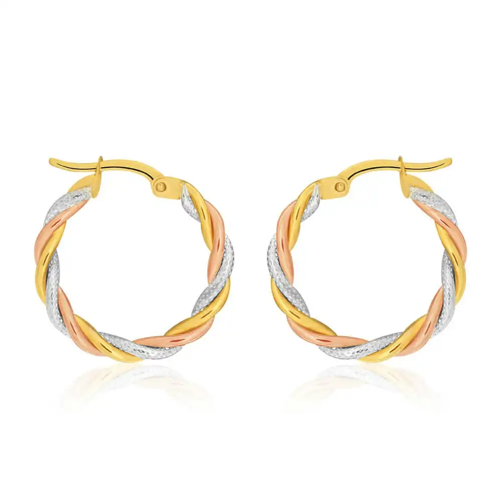 9ct Yellow, Rose & White Gold Hoop Earrings 3 tube twist