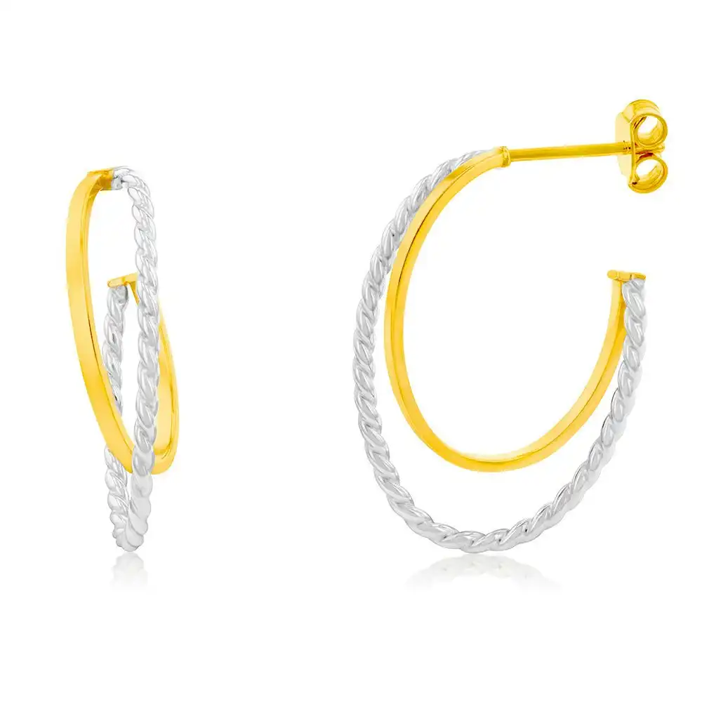 9ct Yellow Gold Silverfilled Two Tones Double Layer Hoop Earrings