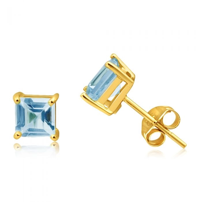 9ct Yellow Gold Princess Cut 5mm Blue Topaz Stud Earrings