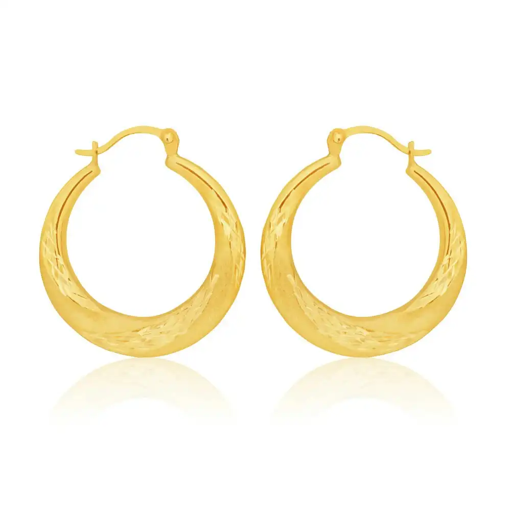 9ct Yellow Gold 15mm Creole With Diamond Cut Pattern Earrings