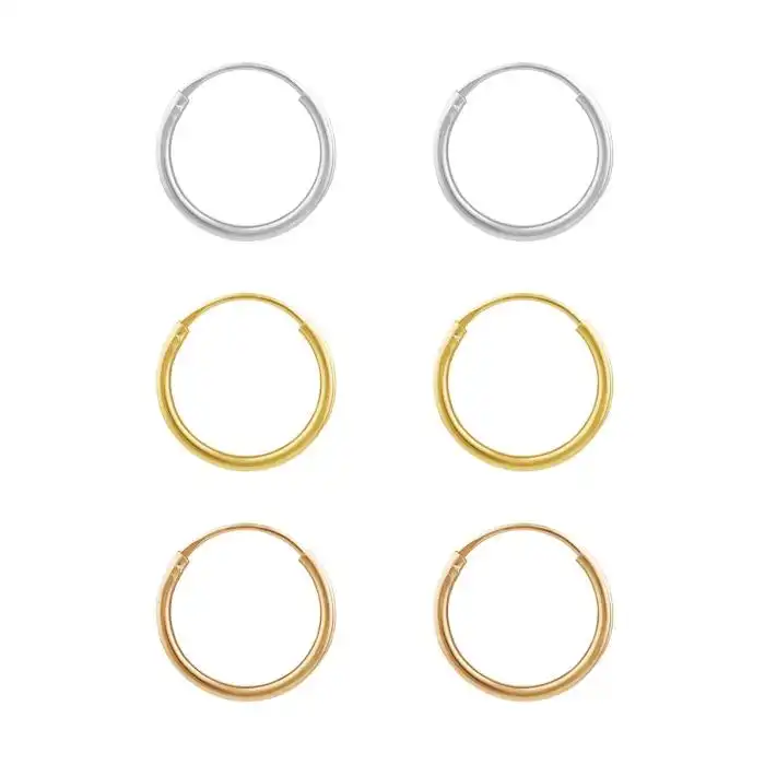 Sterling Silver Gold and Rose Plated Set of 3 12mm Sleeper Earrings