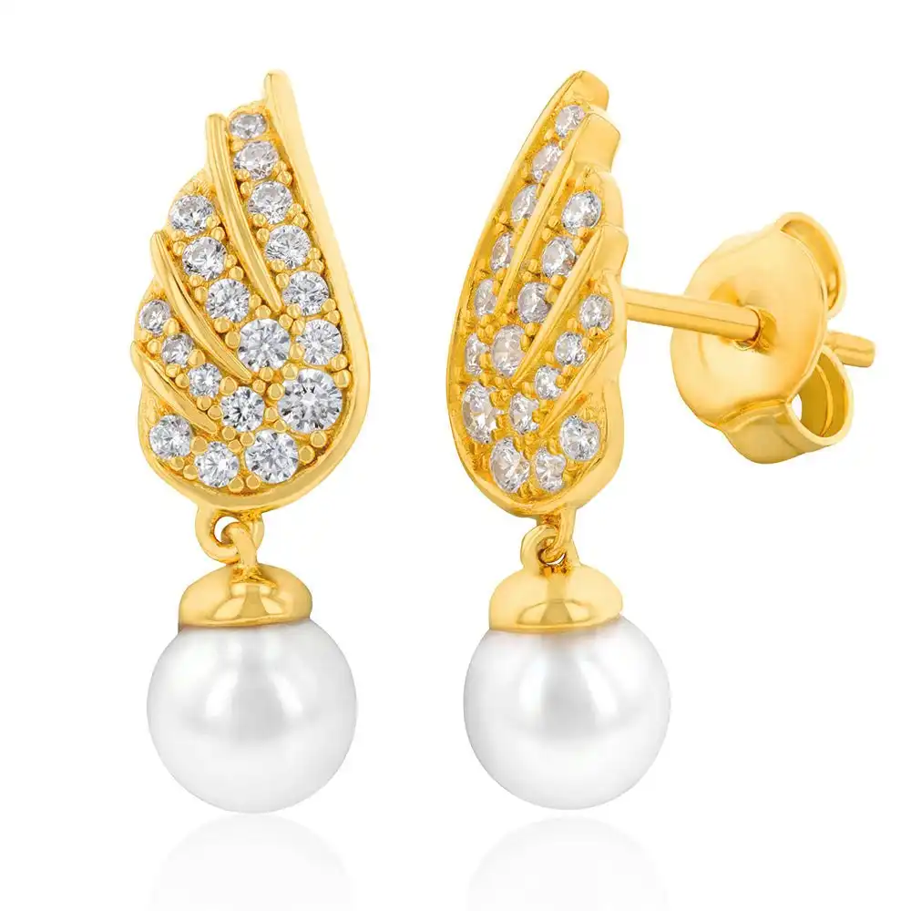 Gold Plated Silver Fresh Water Pearl & Cubic Zirconia On Wings  Drop Earrings