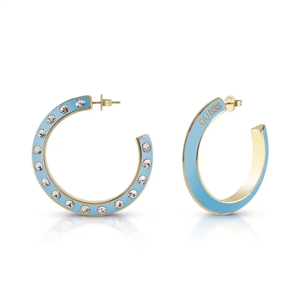 Guess Gold Plated Stainless Steel 30mm Medium Turquoise Hoop Earring