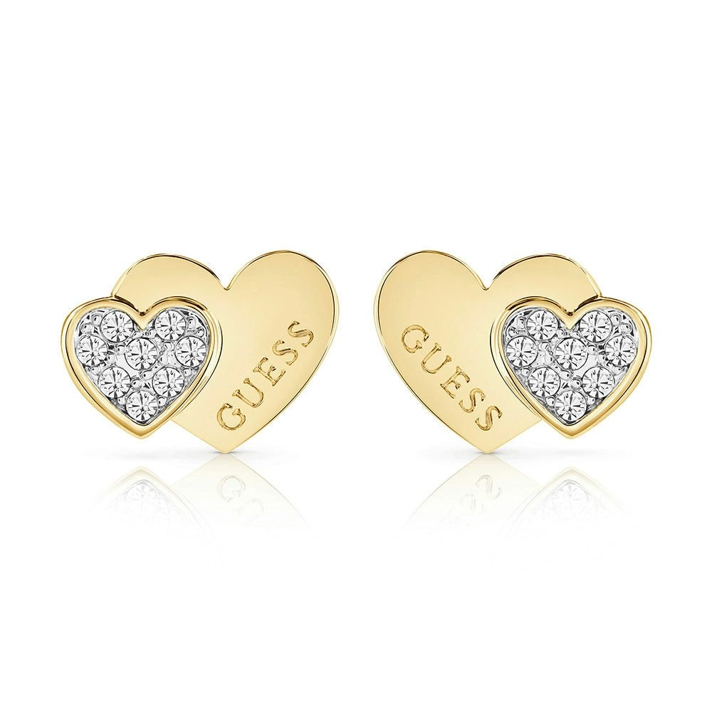 Guess Yellow Gold Plated Double Heart Pave Stud Earrings