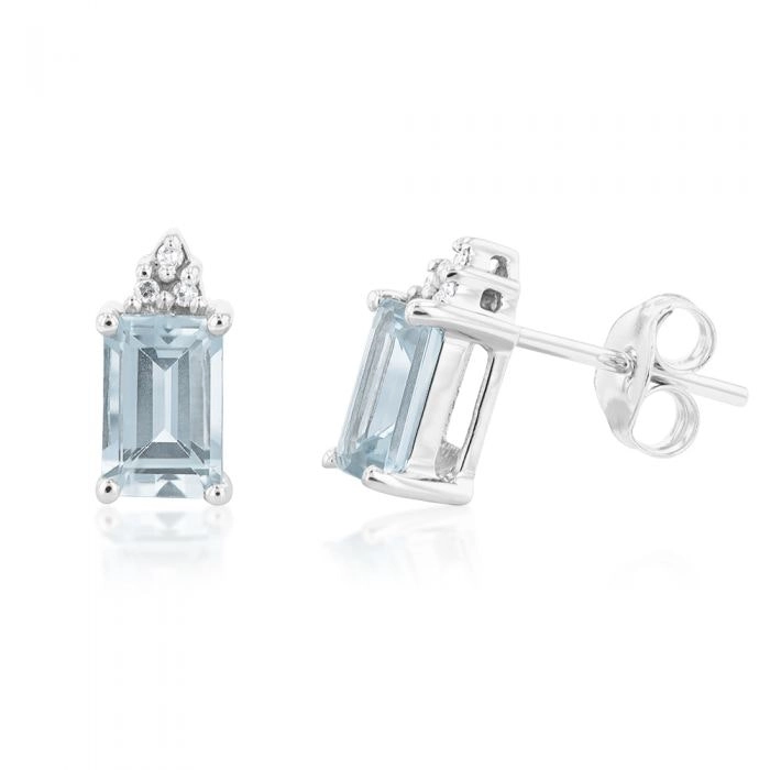 9ct White Gold Aquamarine Emerald Cut and Diamond Stud Earrings