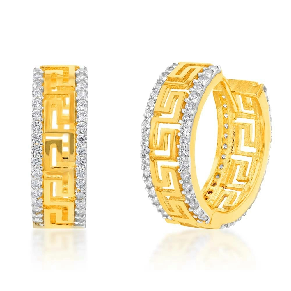 9ct Yellow Gold Zirconia Greek Key Huggie Hoops