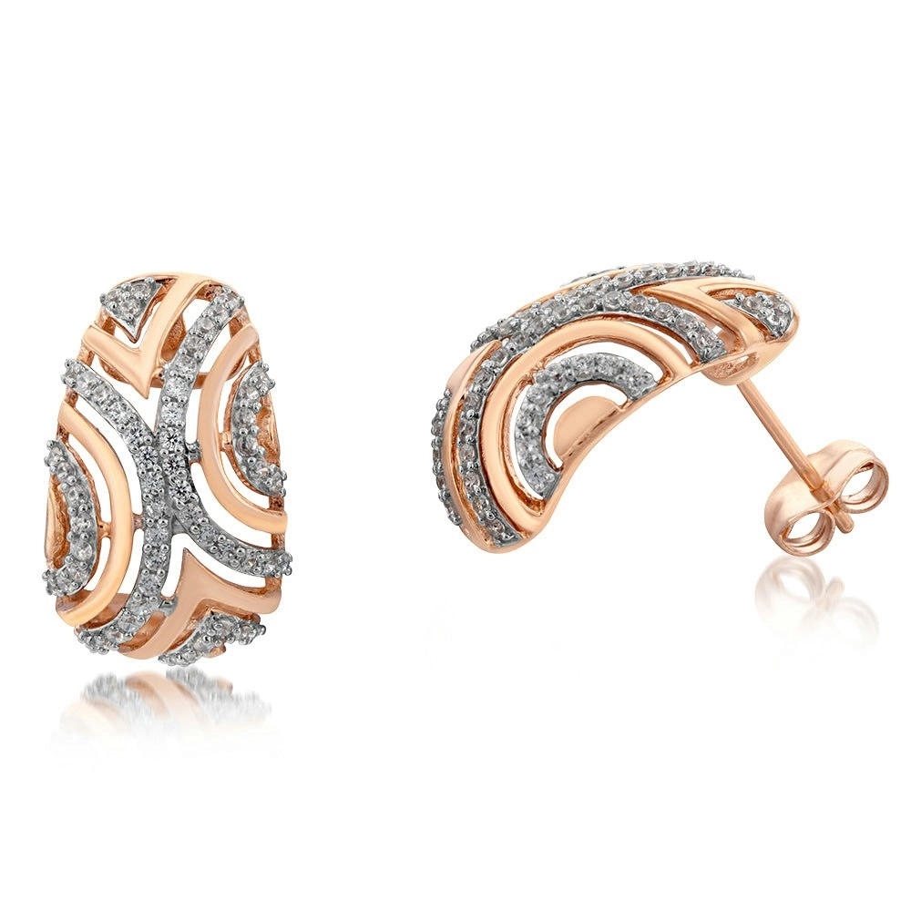 9ct Rose Gold Patterned Cubic Zirconia Half Hoop Earrings