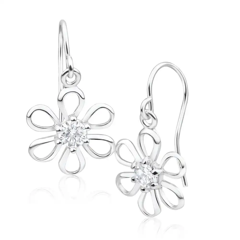 Sterling Silver Cubic Zirconia Cut-out Flower Drop Earrings