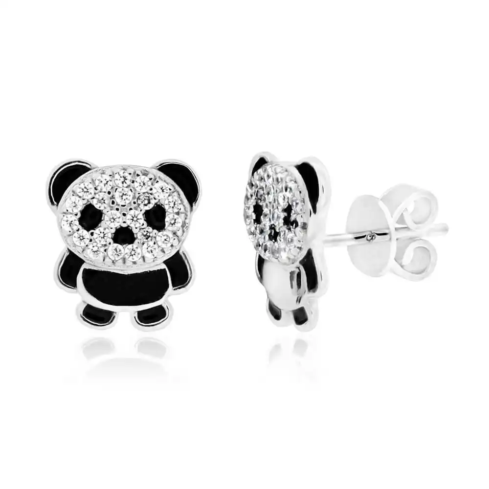 Sterling Silver Cubic Zirconia Fancy Panda Stud Earrings