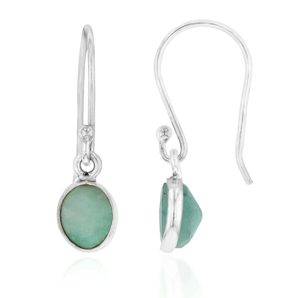 Sterling Silver Natural Emerald Oval Hook Drop Earrings