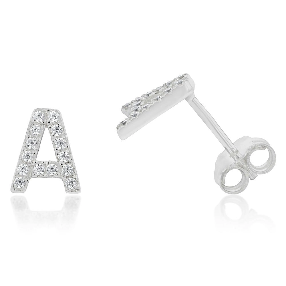 Sterling Silver Cubic Zirconia Initial "A" Stud Earrings