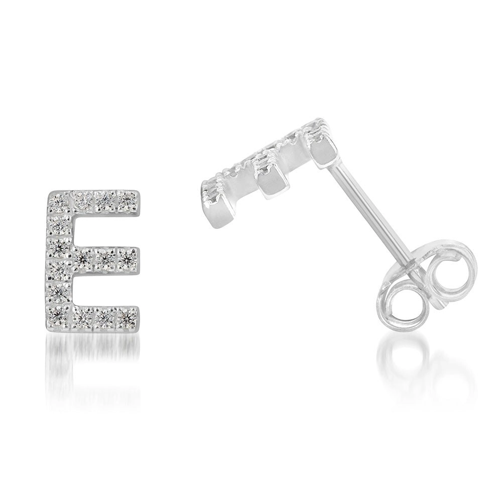 Sterling Silver Cubic Zirconia Initial "E" Stud Earrings