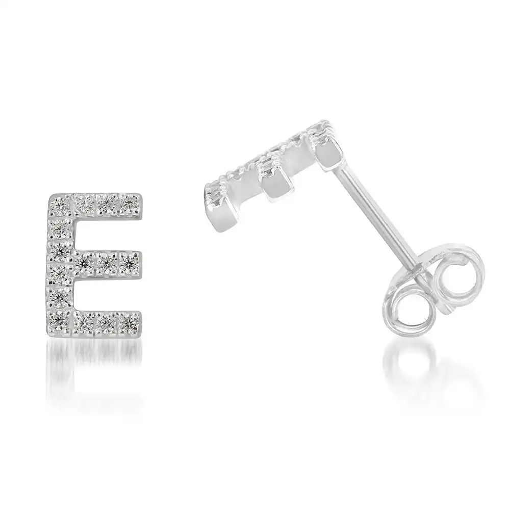 Sterling Silver Cubic Zirconia Initial "E" Stud Earrings