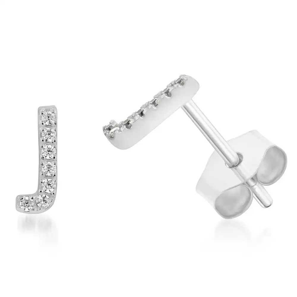 Sterling Silver Cubic Zirconia Initial "J" Stud Earrings