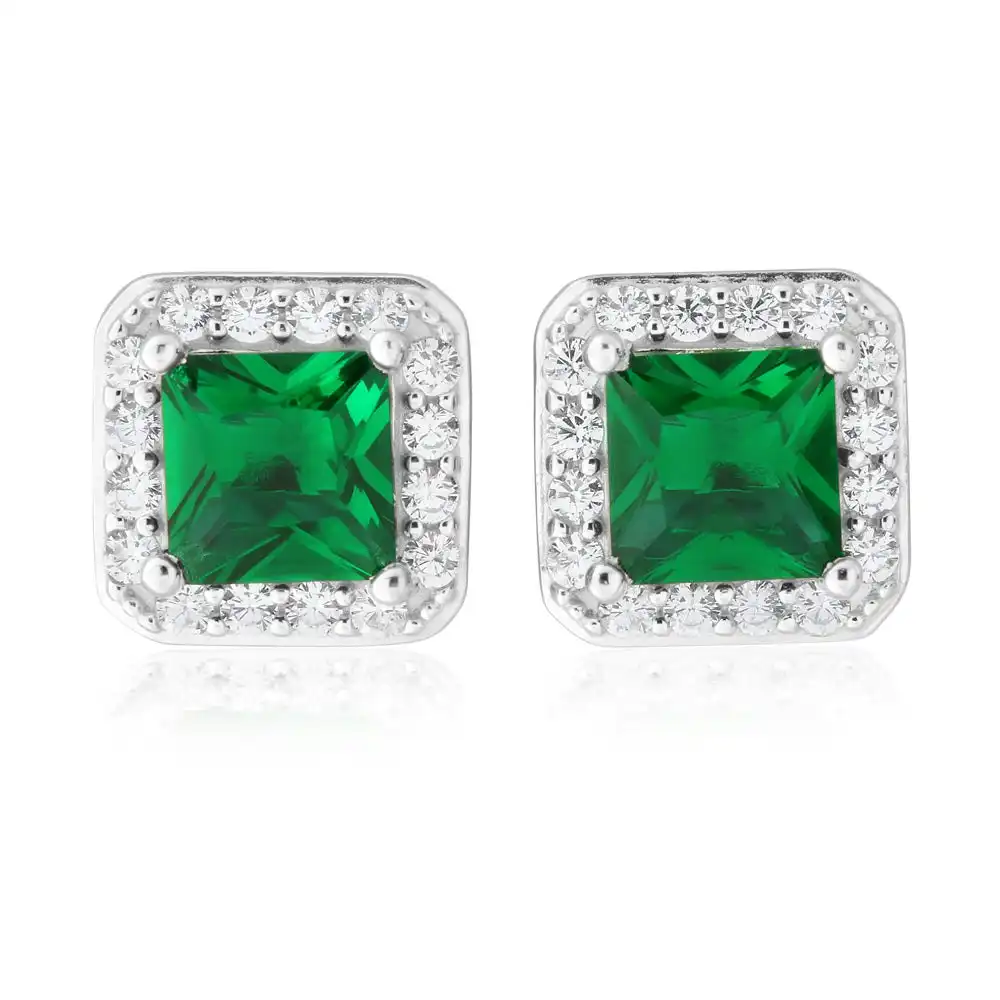 Sterling Silver Green and White Zirconia Cushion Cut Stud Earrings