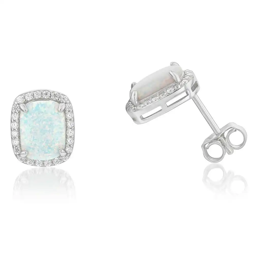 Sterling Silver Rhodium Plated Cubic Zirconia Synthetic Opal Halo Stud Earrings