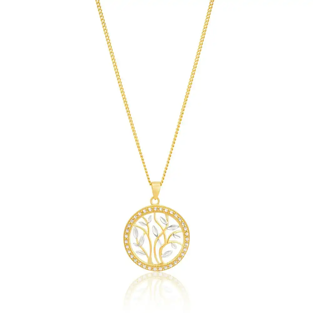 9ct Yellow Gold Two-Tone Leaf Pendant with Milgran and Diamond Cutting feature