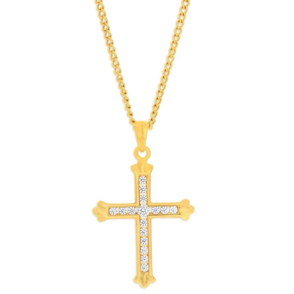 9ct Yellow Gold Cubic Zirconia 18mm Fancy Cross Pendant