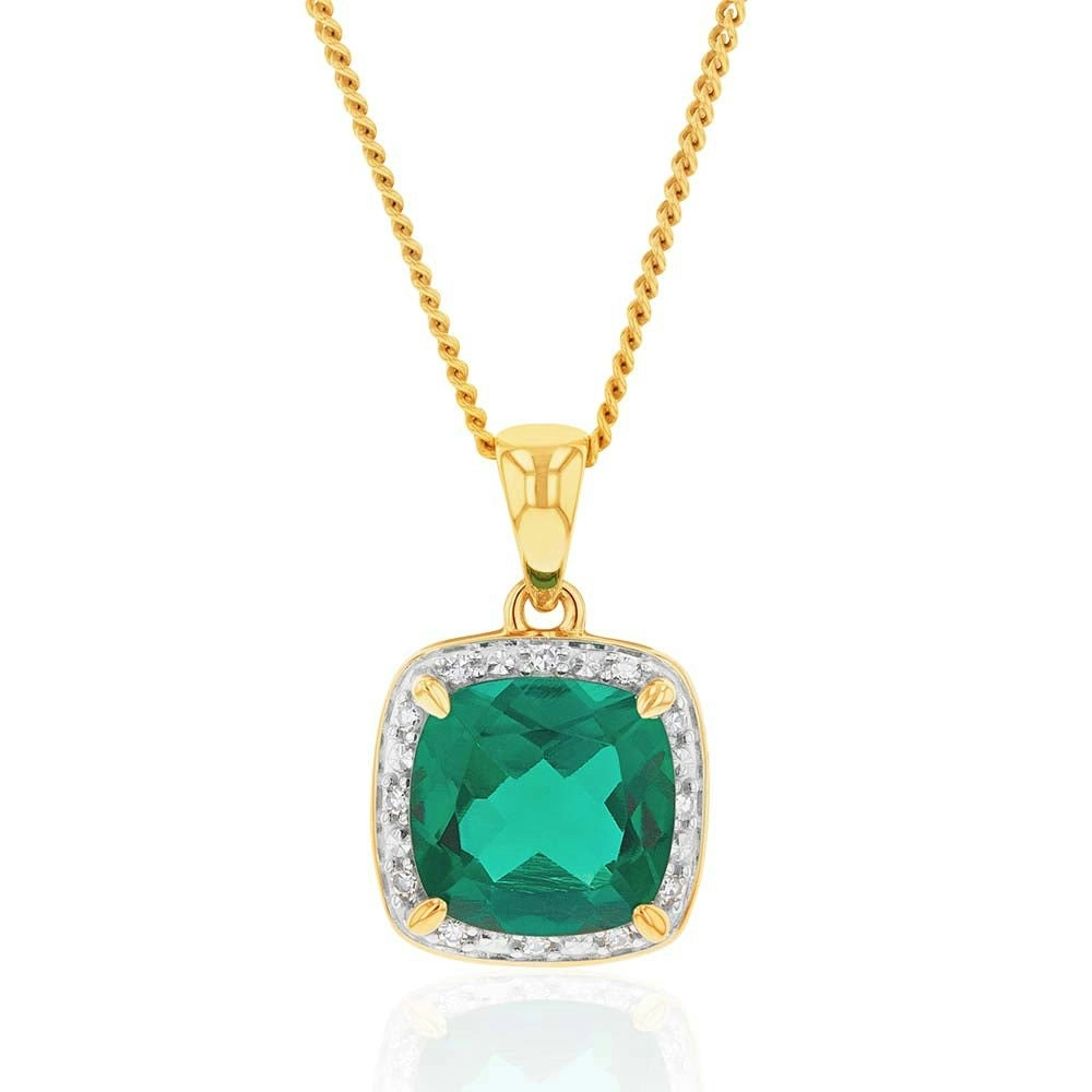 9ct Yellow Gold 8mm Created Emerald and Diamond Cushion Cut Pendant