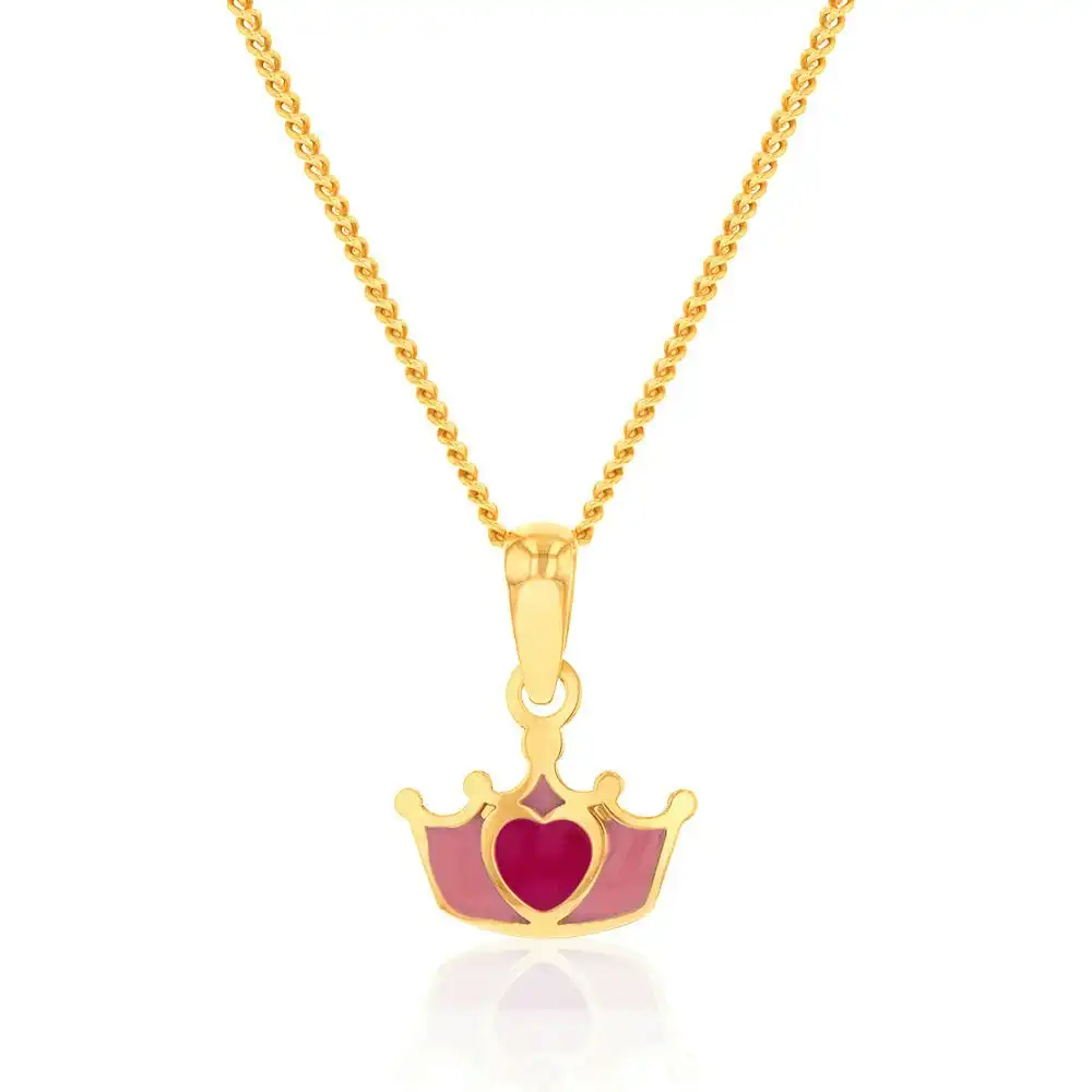 9ct Yellow Gold Red Heart On Crown Pendant