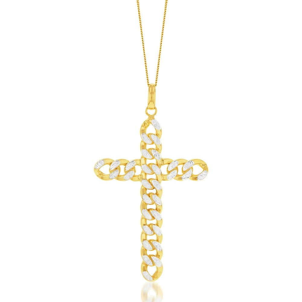 9ct Yellow Gold Silverfilled Diamond Cut Curb Link Cross Pendant