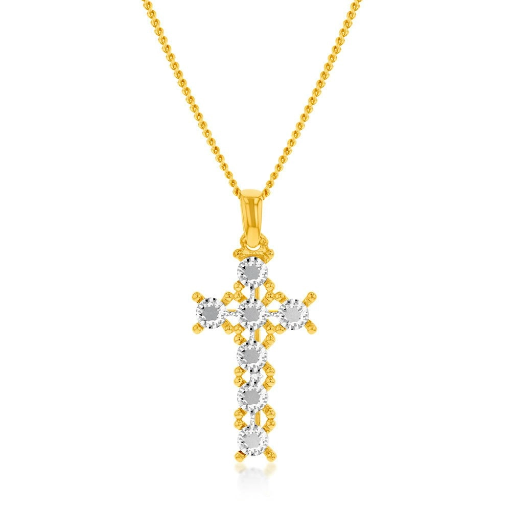 9ct Yellow And White Gold Two Tone Diamond Cut Fancy Cross Pendant